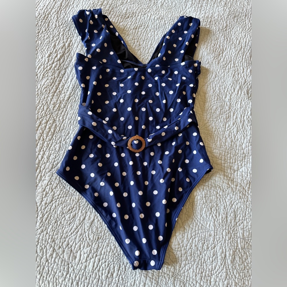 Blue polka dot one piece swimsuit. Size 14